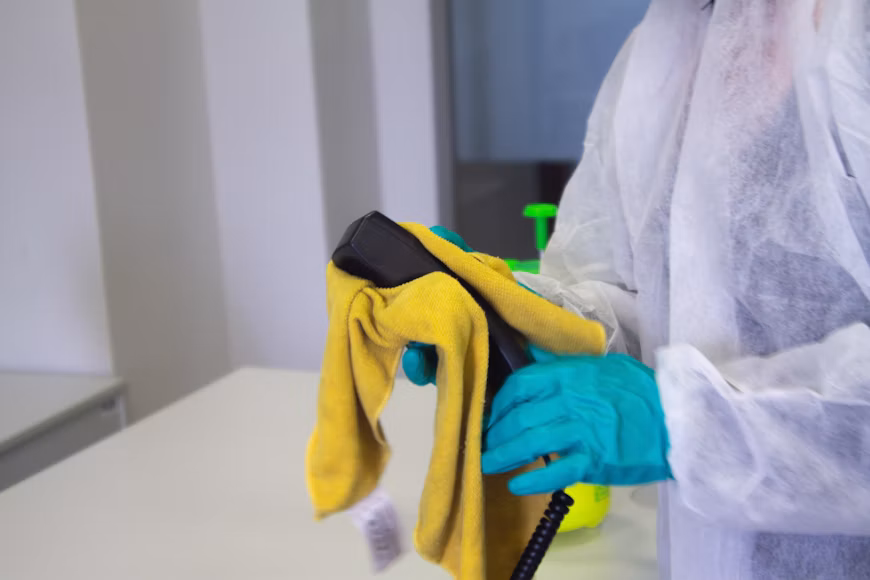 Commercial cleaning service cleaning an office workspace