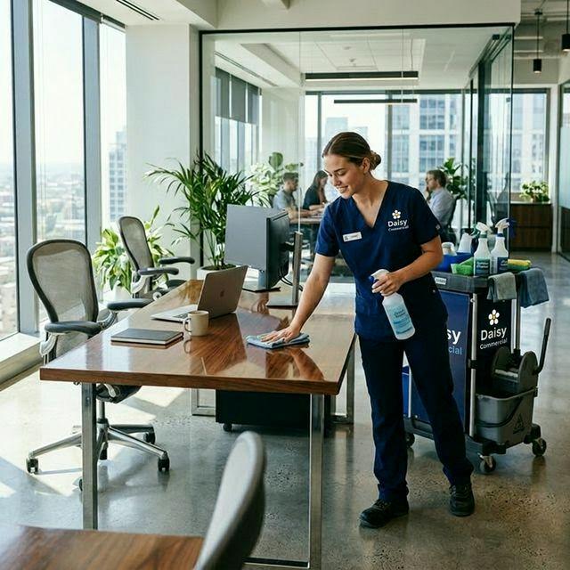 Cleaner wiping or maintaining office desks/workstations.