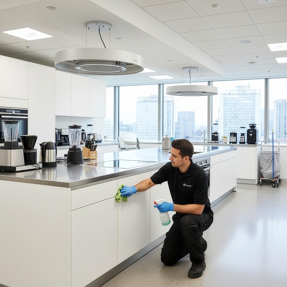 Cleaner sanitising or cleaning an office kitchen/break area.
