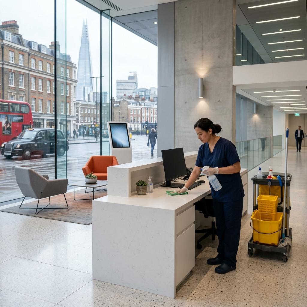 Cleaner maintaining a reception desk or entrance area.